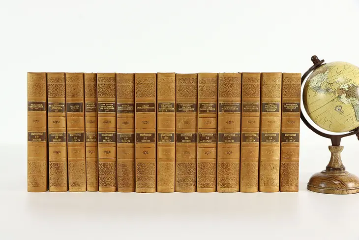 Gold Tooled Leather Set of 14 Volumes Danish Literature Books #36660