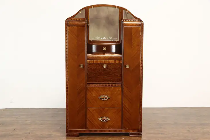 Art Deco Waterfall Vintage Chifferobe, Armoire, Cedar Wardrobe & Desk #36860