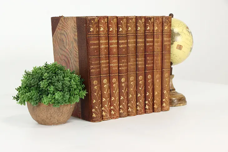 Set of 9 Gold Tooled Leather Bound Books, Stoddard's Lectures 1897 #37060