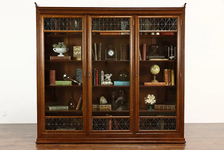 Arts & Crafts Antique Craftsman Oak Leaded Glass Triple Office Bookcase #37097