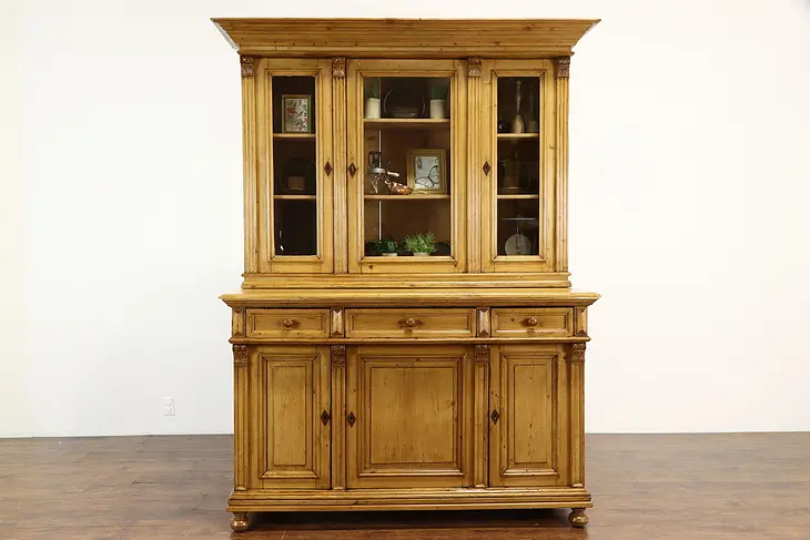 Country Pine Antique Farmhouse Czech Breakfront China Cabinet #37376