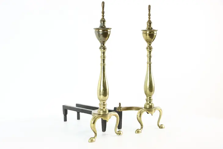 Pair of Vintage Brass Fireplace Hearth Andirons, Cast Iron Log Rests #37652