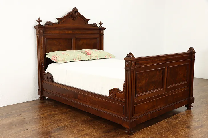Victorian Renaissance Italian Carved Walnut Burl Full Size Antique Bed #33744