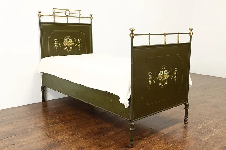 Brass & Iron Hand Painted Antique Child Size Single Bed, Quittner Vienna  #35816