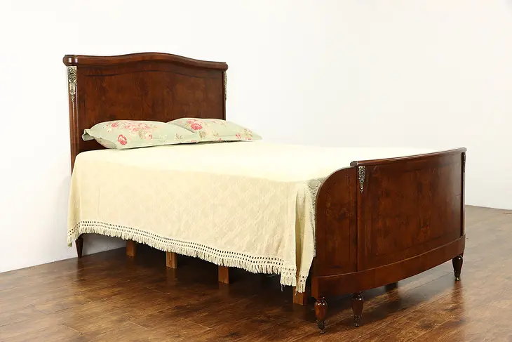 French Antique Rosewood & Ash Burl Queen Size Bed, Brass Mounts  #35957