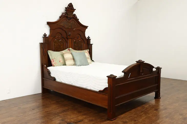 Victorian Antique Carved Walnut & Grained Burl Queen Size Bed #36114