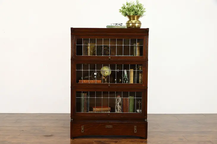 Craftsman Mission Oak 3 Stack Antique Leaded Glass Office Bookcase #36792