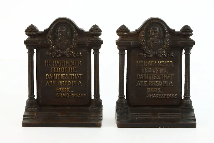 Pair of Vintage Cast Iron Shakespeare Quote Bookends, Bradley & Hubbard #37375