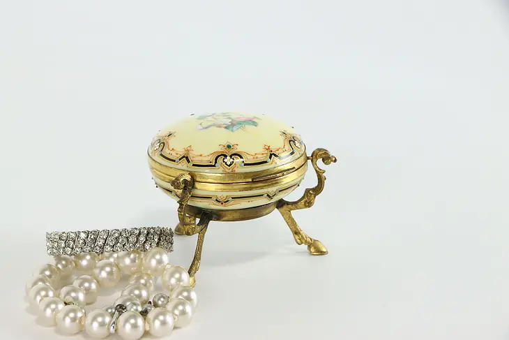 Victorian Brass Porcelain Enamel Jewelry, Keepsake or Trinket Box #37894