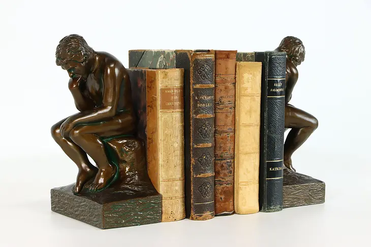 Pair of Vintage Bronze Finish Antique Bookends, after The Thinker, Rodin #38127