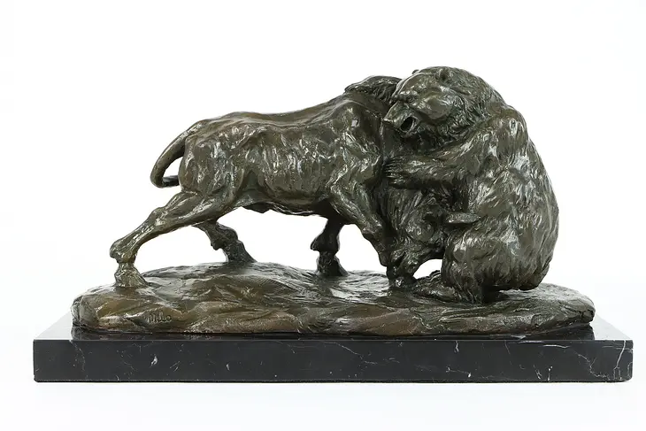 Wrestling Bear & Bull Vintage Bronze Sculpture, Marble Base, Signed Milo #38399