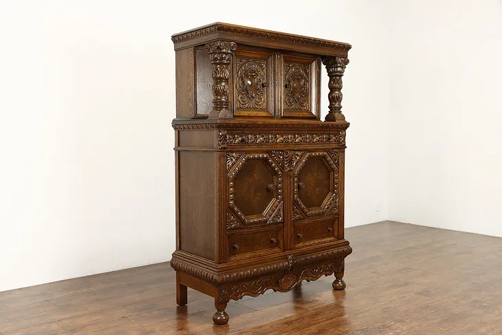 Oak Carved Renaissance Antique Oak China or Bar Cabinet #38407
