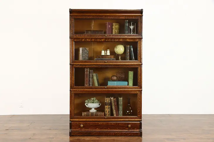 Oak Antique 4 Stack Office Barrister Lawyer Bookcase, Wavy Glass, Macey #34282