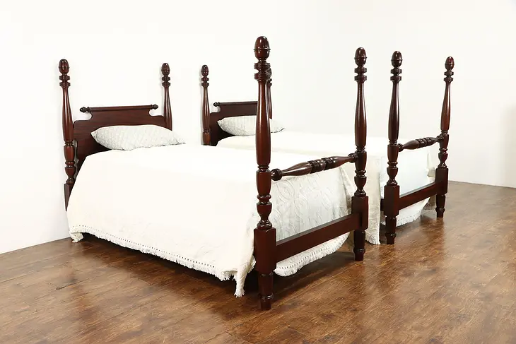 Pair of Antique Mahogany Single or Twin Poster Beds, Acorn Finials #37414
