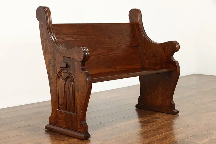 Gothic Carved Antique Oak & Elm Church Pew or Hall Bench #38514
