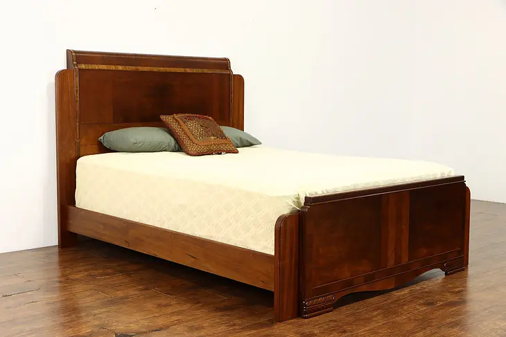Art Deco Vintage Waterfall Queen Bed Matched Grain Walnut Zebrawood Inlay #38578