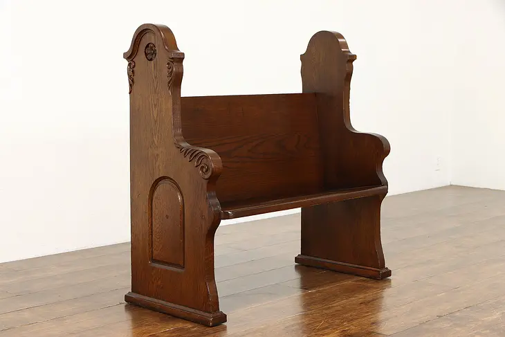 Victorian Gothic Antique Carved Oak Church Pew or Hall Bench #38890