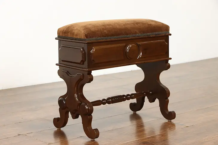 Victorian Antique Carved Walnut Slipper Bench With Storage Compartment  #39120