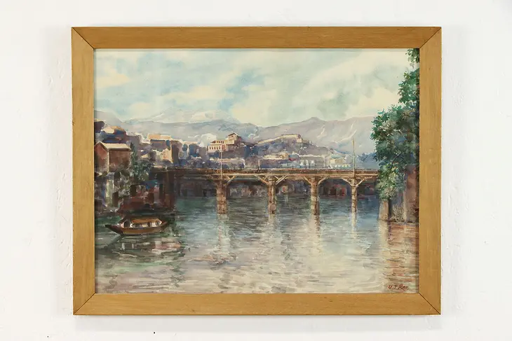 Bridge & Town Antique Original Watercolor Painting, Rao 21.5" #39153