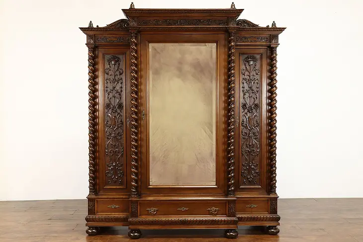 Italian Renaissance Carved Walnut Triple Armoire Wardrobe, Columns Mirror #37540