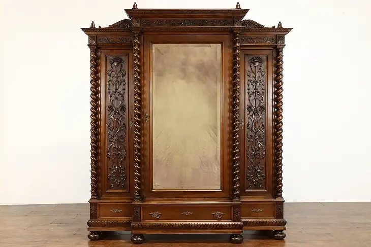 Italian Renaissance Carved Walnut Triple Armoire Wardrobe, Columns Mirror #37540