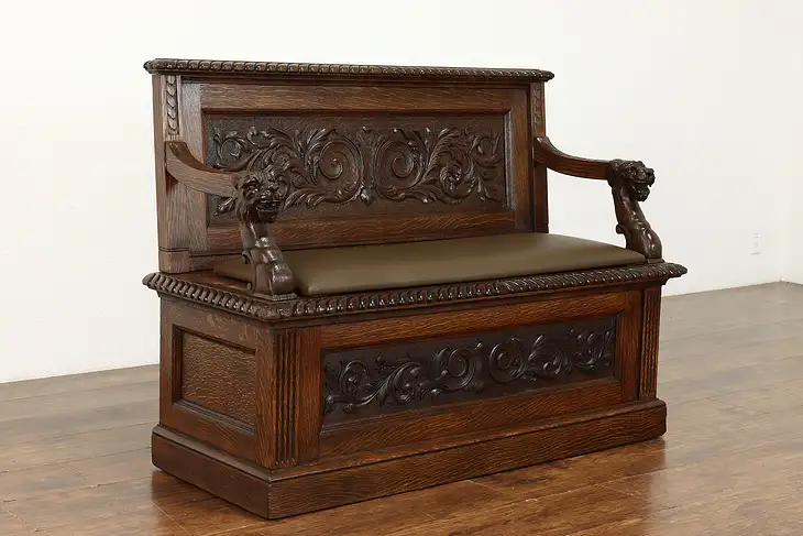 Black Forest Antique Oak Hall Bench, Carved Lions, Leather Seat, Storage #37706