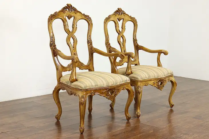 Pair of Farmhouse Country French Vintage Painted & Carved Armchairs #37730