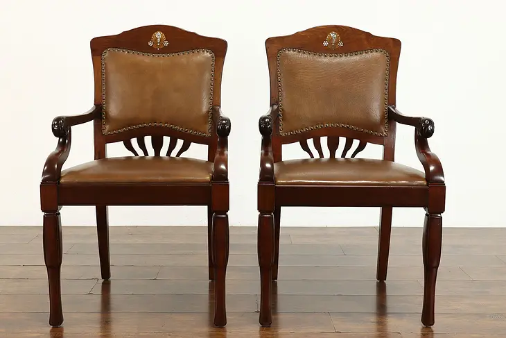 Pair of Art Nouveau Antique Carved Library, Desk or Office Armchairs #37589