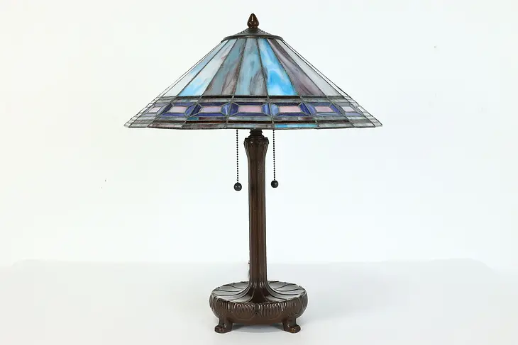 Arts & Crafts Vintage Leaded Stained Glass Shade Office or Library Lamp #39985