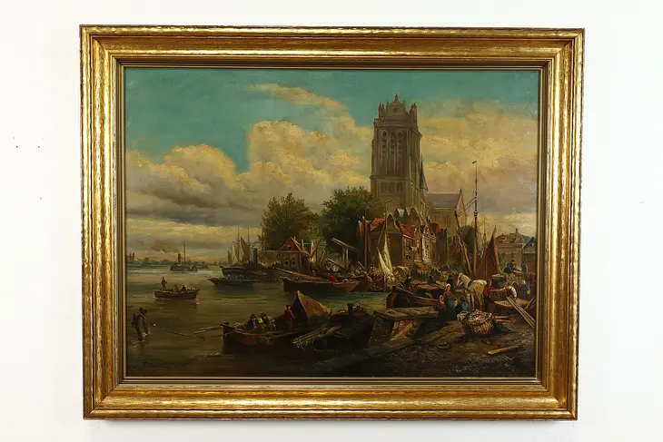 Cathedral and Docks in Germany Antique Original Oil Painting, Helmont 47" #40005