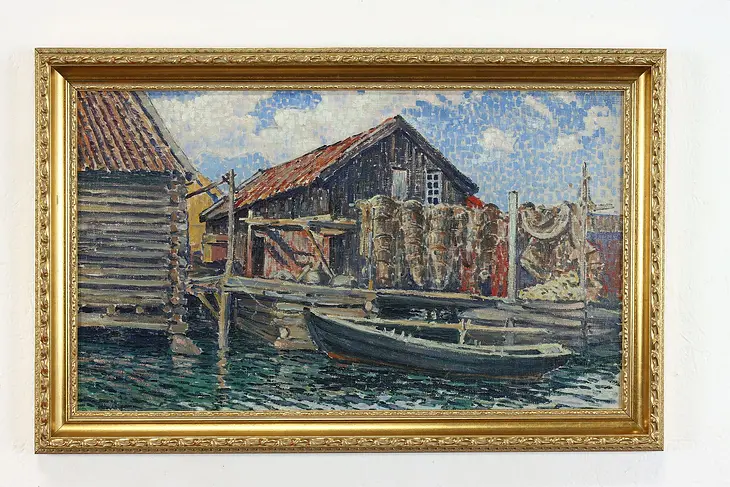 Harbor Scene Boat & Fishing Shanty Vintage Original Oil Painting, 27" #39739