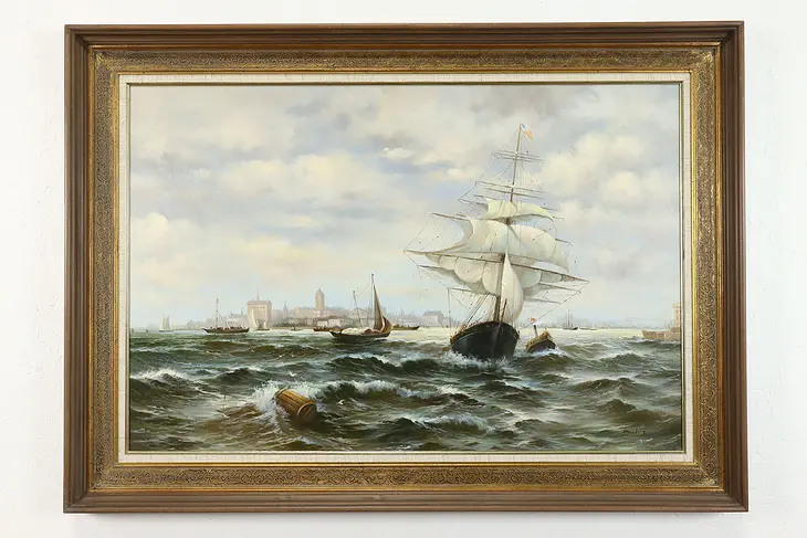 Sailing Ships & Harbor Scene Vintage Original Oil Painting, Mark D 43" #39930