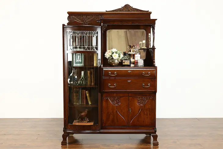 Victorian Antique Oak Side by Side Sideboard Curved Glass China Cabinet #39529