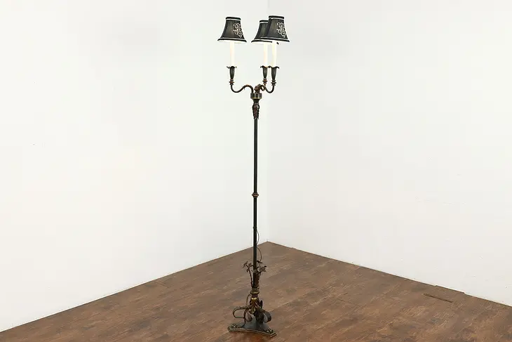 Wrought Iron & Bronze Antique 3 Candle Floor Lamp, Shades #39987