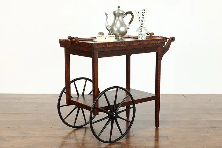 Arts & Crafts Mission Oak Antique Craftsman Rolling Bar or Tea Cart #40131