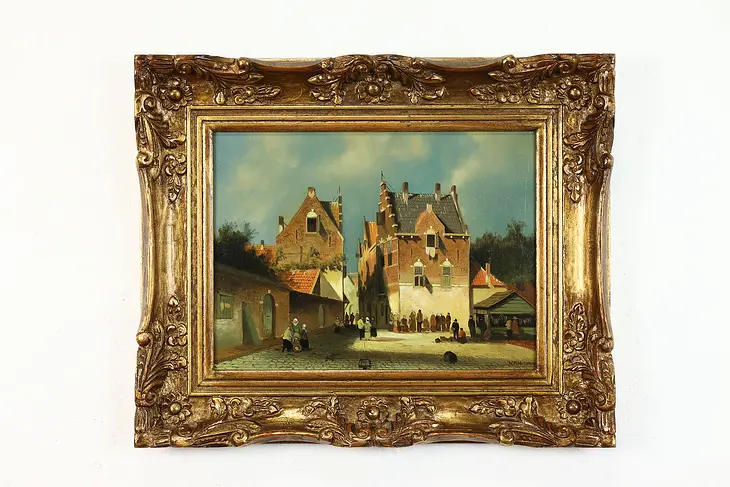 Dutch Village Street Scene Vintage Original Oil Painting, 23" #39713