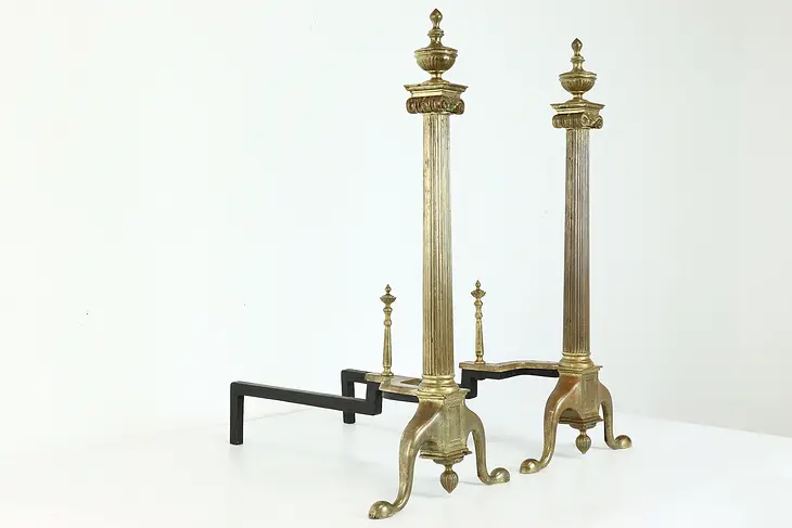 Pair of Antique Georgian Design Classical Brass Fireplace Andirons #39344