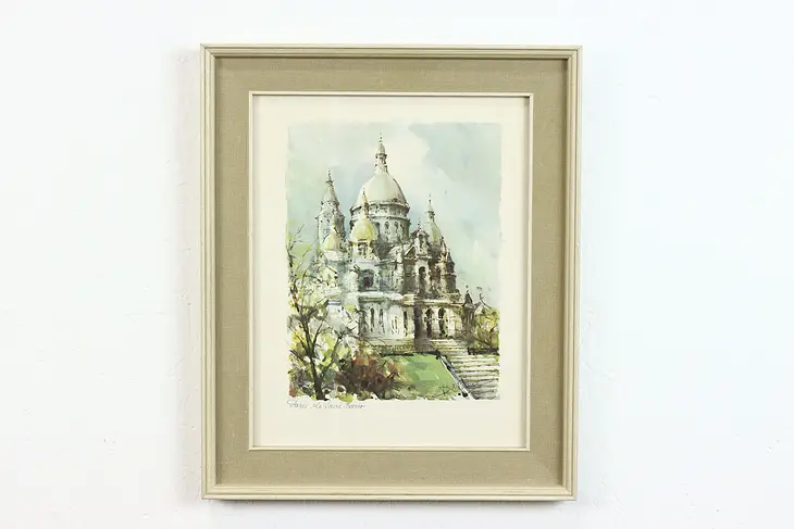 Sacre Coeur Cathedral of Paris Vintage Watercolor Print, Delarue 17.5" #39974