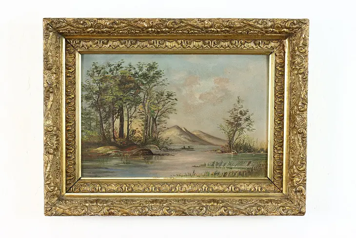 Lake, Mountain & Fisherman Victorian Antique Original Oil Painting 16.5" #39741