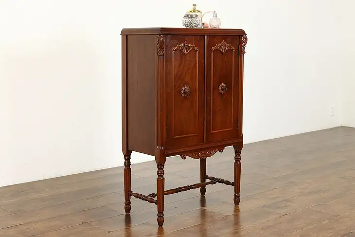 Tudor Style Antique Walnut Burl Small Bar, Hall or Bathroom Cabinet #39368