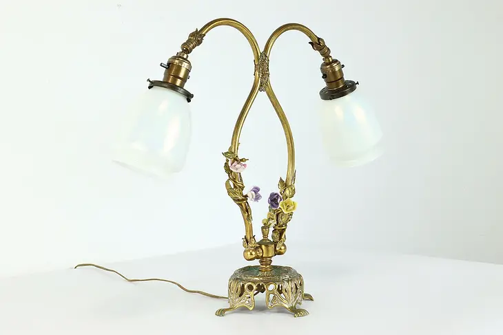 Art Nouveau Antique Brass Double Lamp, Art Glass Blown Shades #39997