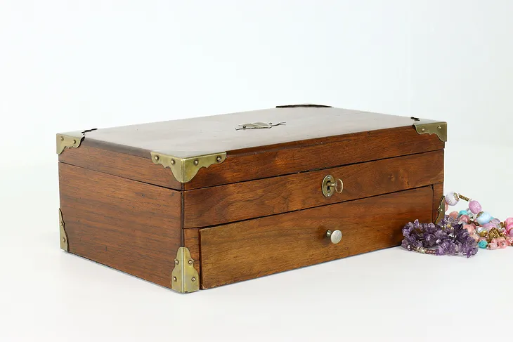 Victorian Antique English Walnut & Brass Jewelry Box or Collector's Chest #39933