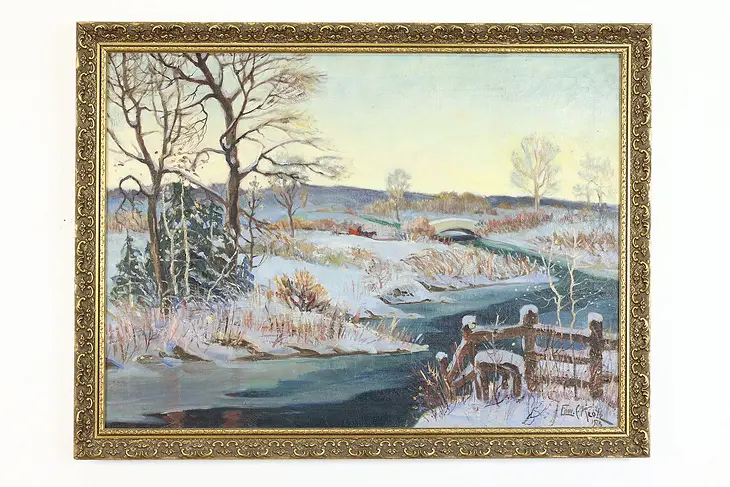 Sunrise over Winter Landscape Antique Original Oil Painting, Klotz 33" #40152