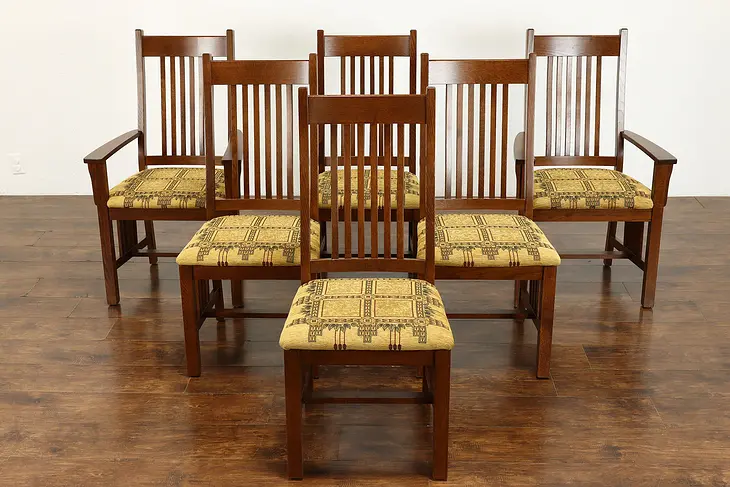 Set of 6 Arts & Crafts Style Vintage Dining Chairs, New Upholstery #40009