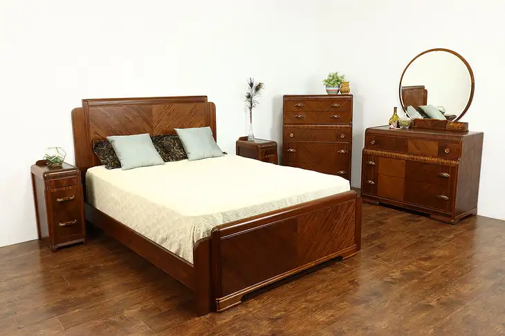 Art Deco Waterfall Design Vintage 5 Pc. Bedroom Set, Queen Size Bed #38875