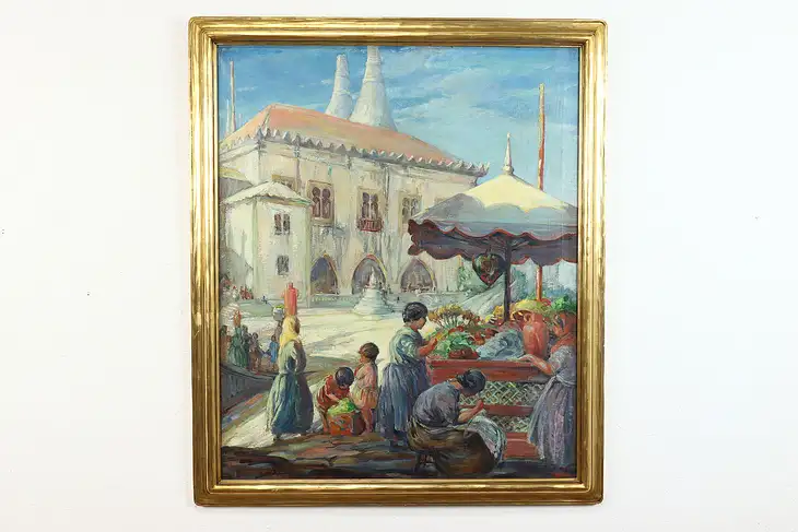 Palace & Portuguese Market Scene Antique Oil Painting, Williams 40" #39837