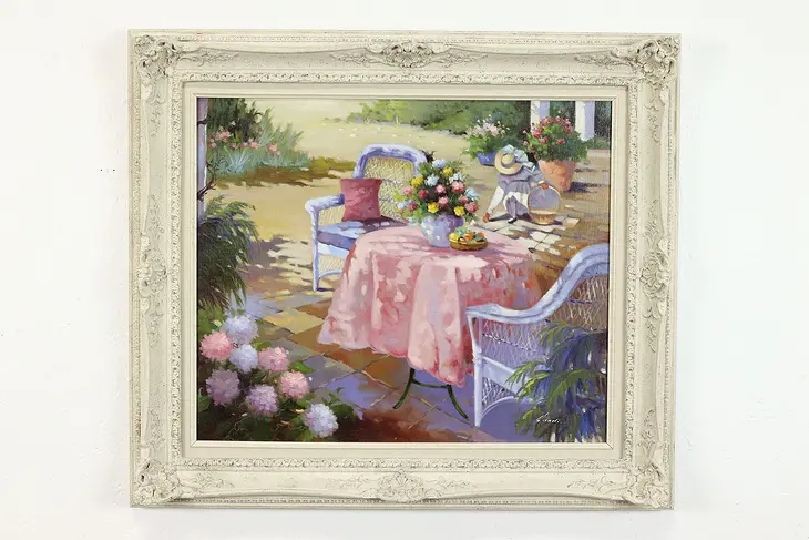Patio in Summer Garden Vintage Original Oil Painting, Candi 31.5" #40099