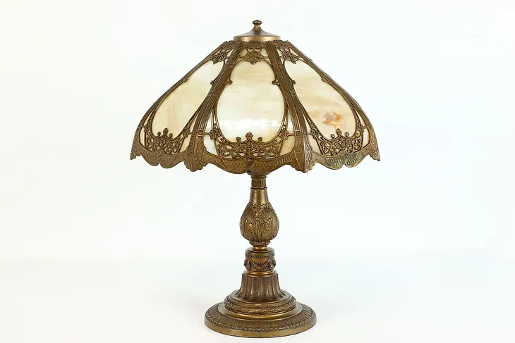 Neoclassical 8 Panel Stained Glass Shade Antique Office or Library Lamp #39621
