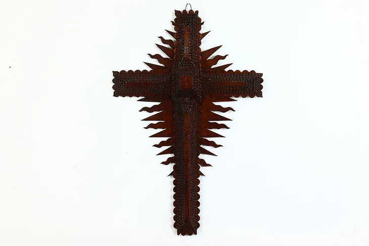 Tramp or Folk Art Vintage Carved Hanging Cross with Sunbursts #39848