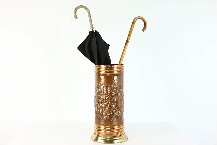 Hammered Copper Pub Scene Belgian Antique Umbrella & Cane Stand Mccan #40237